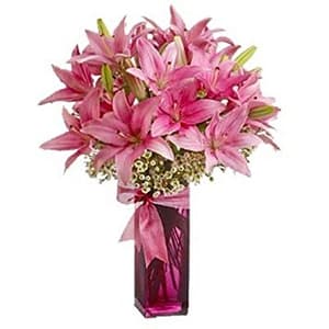 12 Natural Pink Lilies Vase
